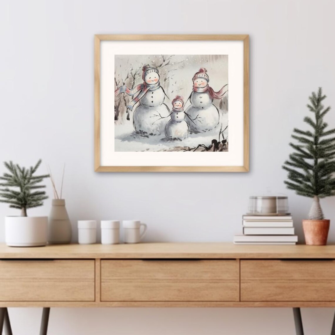 Three Snowman Family In Soft Winter Ink Wash Holiday Art Poster - Image 3