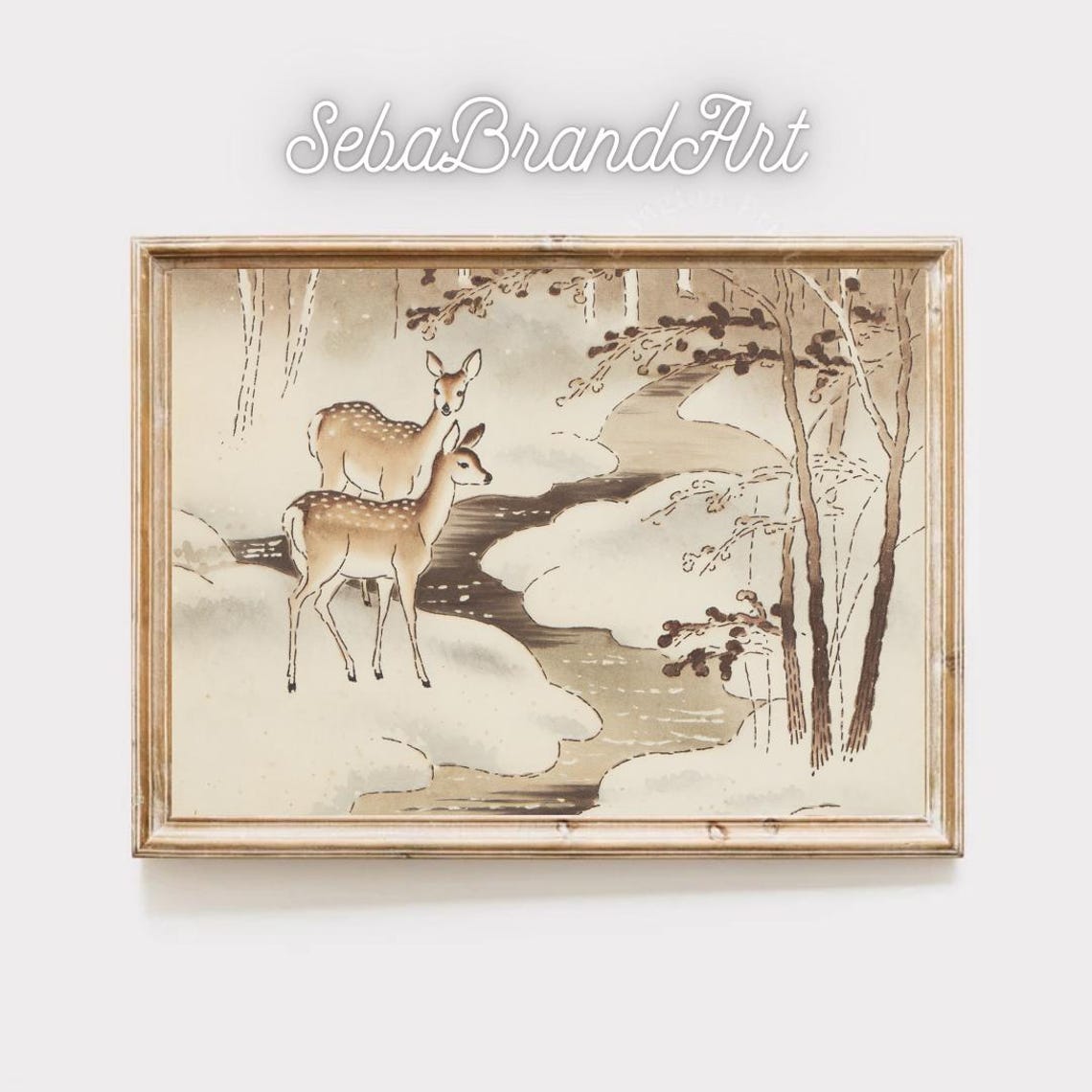 Two Spotted Deer By Dark Stream In Snowy Woods Ink Wash Art Poster