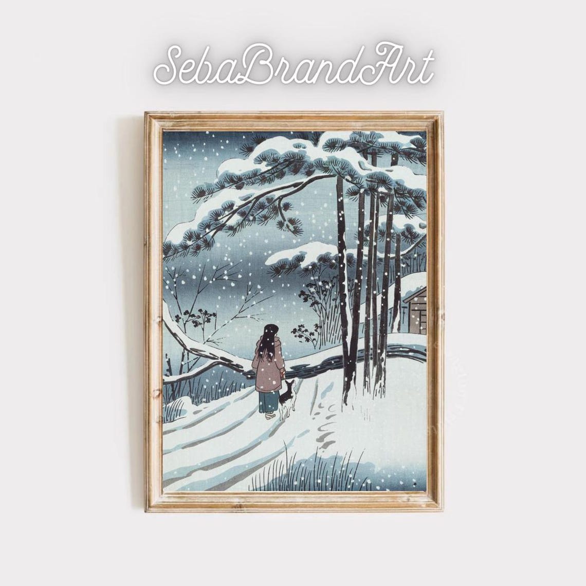 Girl And Dog Walking In Falling Snow Pine Forest Ukiyo E Art Poster