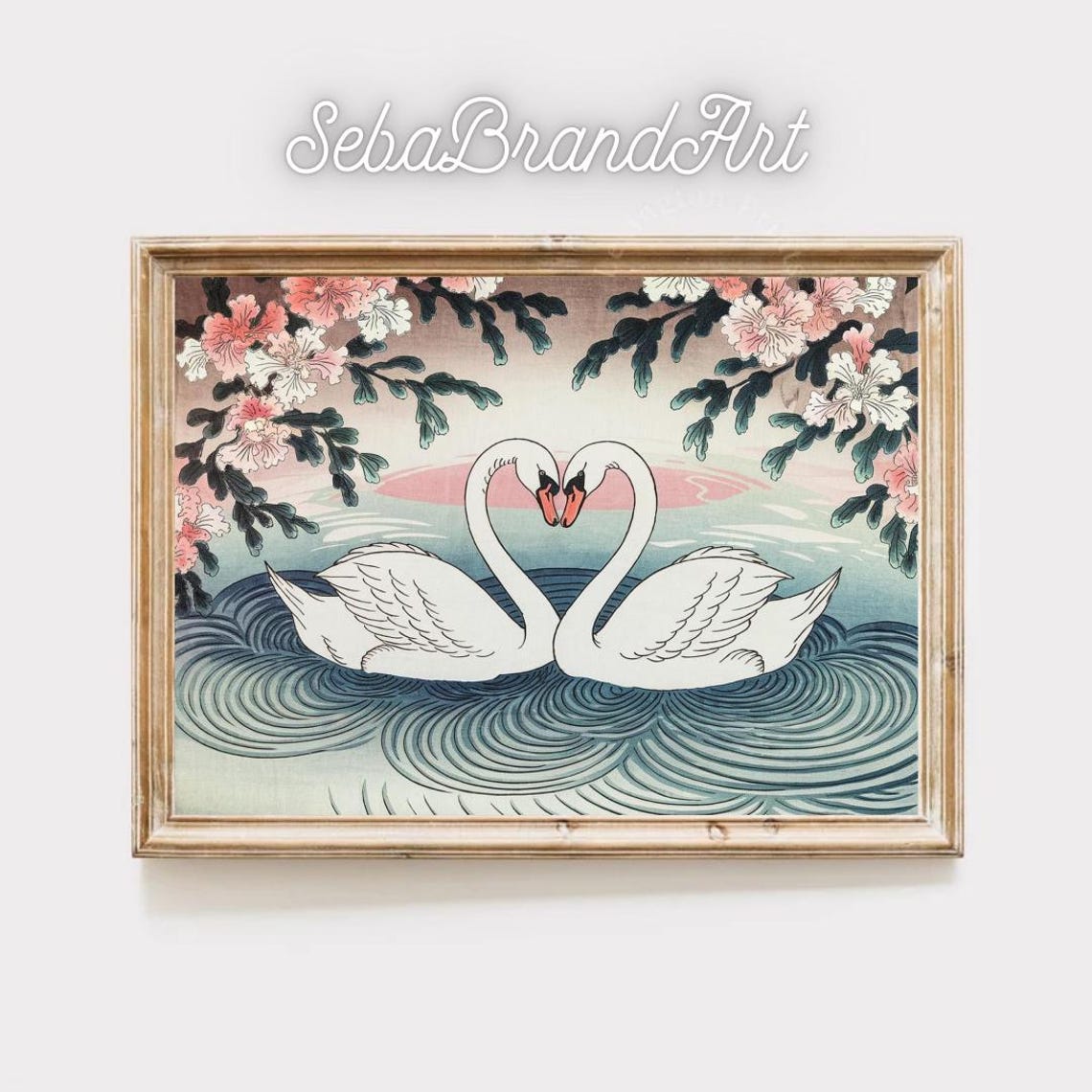 Two Swans Forming A Heart Among Peonies Ukiyo E Wave Art Poster