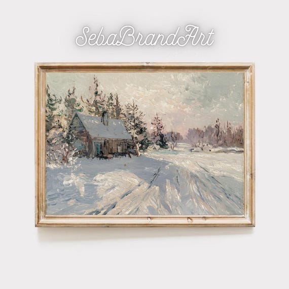 Monet Style Snowy Winter Cottage Impressionist Landscape Art Print Cozy Seasonal Wall Decor