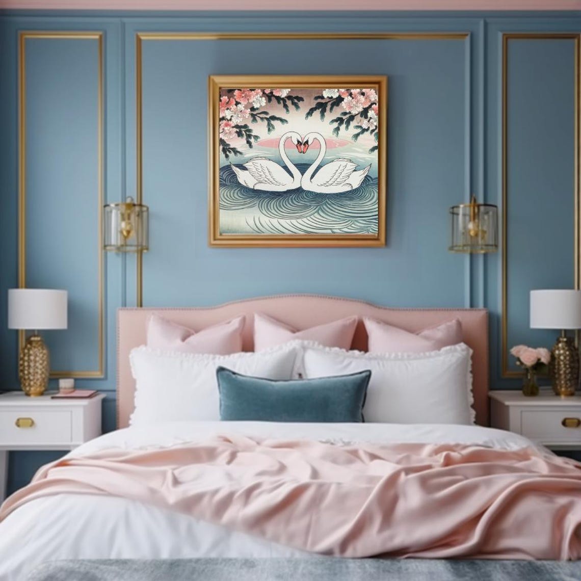 Two Swans Forming A Heart Among Peonies Ukiyo E Wave Art Poster - Image 3