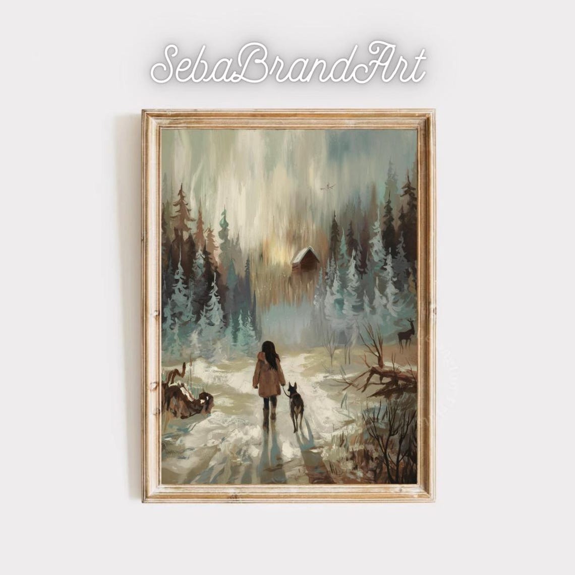 Girl Walking Dog Toward Cabin In Snowy Pine Forest Winter Art Poster