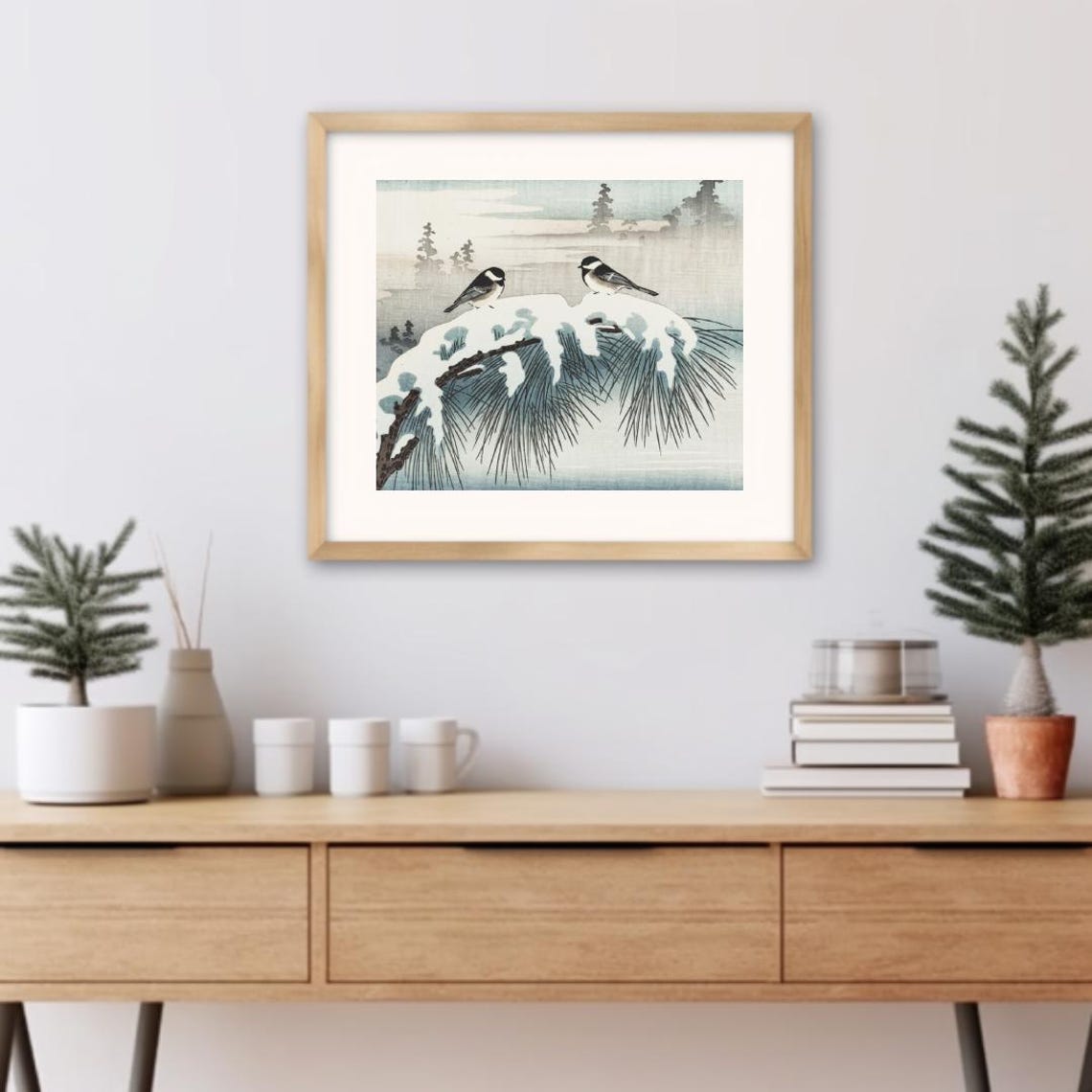 Japanese Ukiyo E Chickadees Resting On Snowy Pine Branch Winter Poster - Image 3