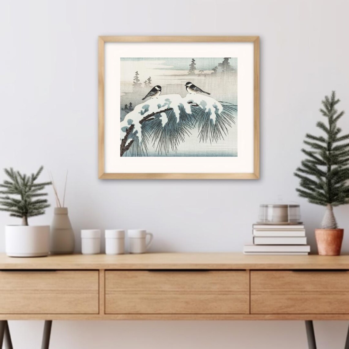Utagawa Hiroshige Style Winter Chickadees On Snowy Pines Japanese Ukiyo E Wall Art Instant - Image 3