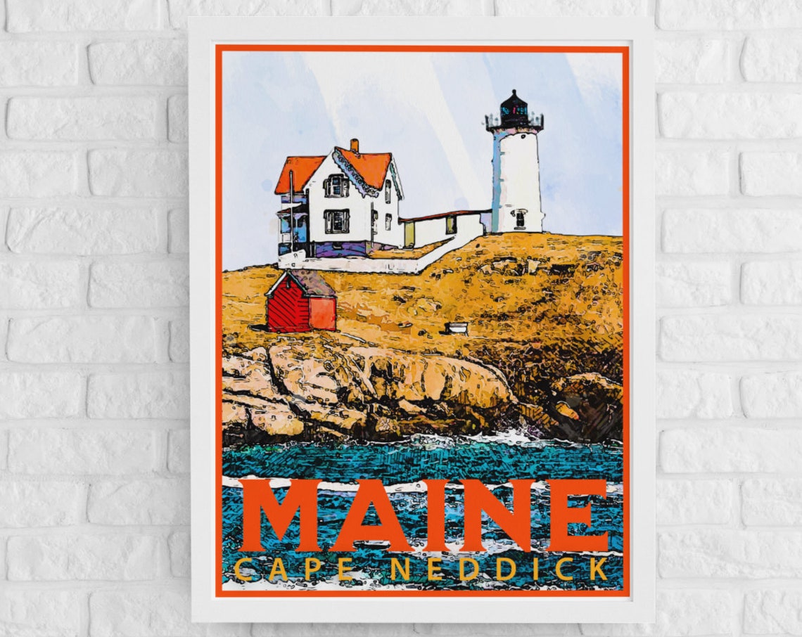 Maine Cape Neddick Lighthouse Rocky Coast Vintage Travel Poster