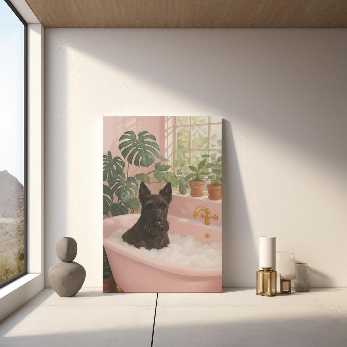 Scottish Terrier in Pink Bathtub Bubble Bath Funny Dog Wall Poster
