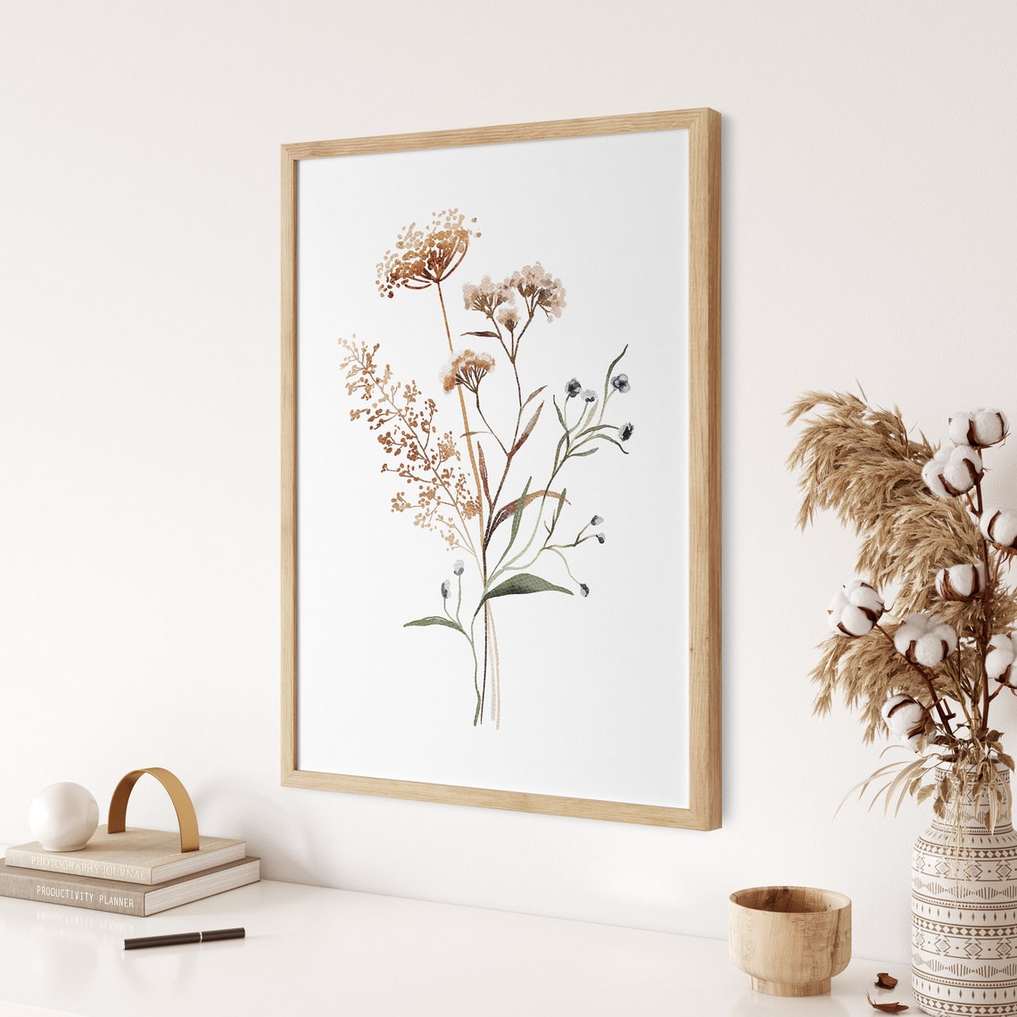 Neutral Beige Dried Wildflower Bouquet Watercolor Art Poster - Image 3
