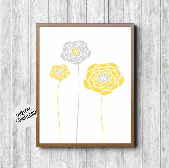 Yellow and Gray Flowers Nursery Kids Room Art Print