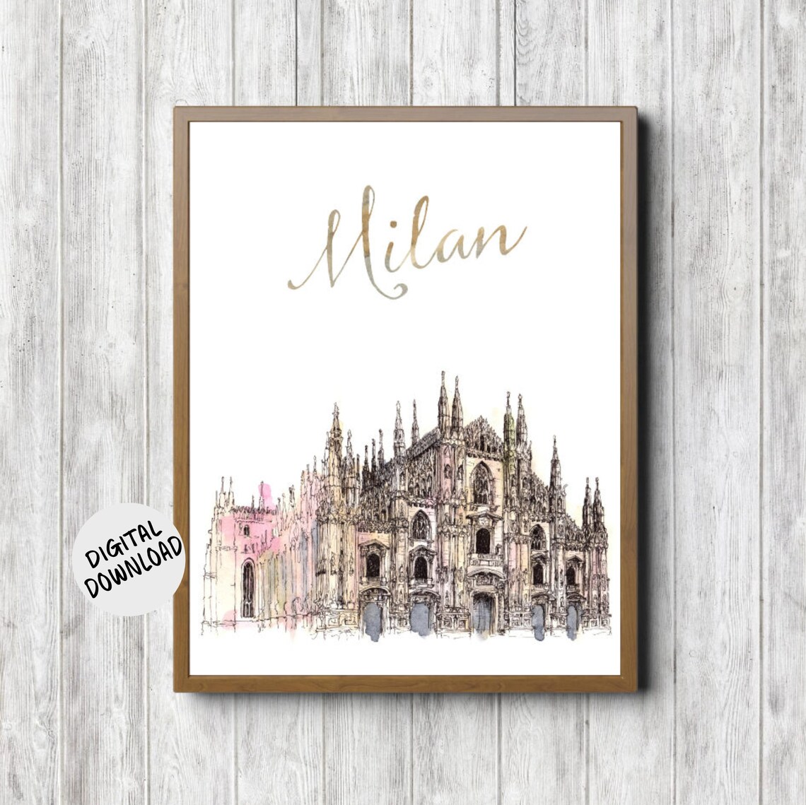 Milan Duomo Cathedral Watercolor Gold Script Italy Travel Poster