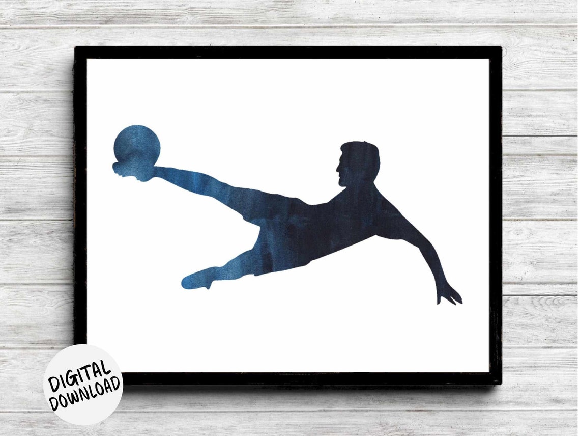 Soccer Player Bicycle Kick Silhouette Navy Watercolor Art Poster