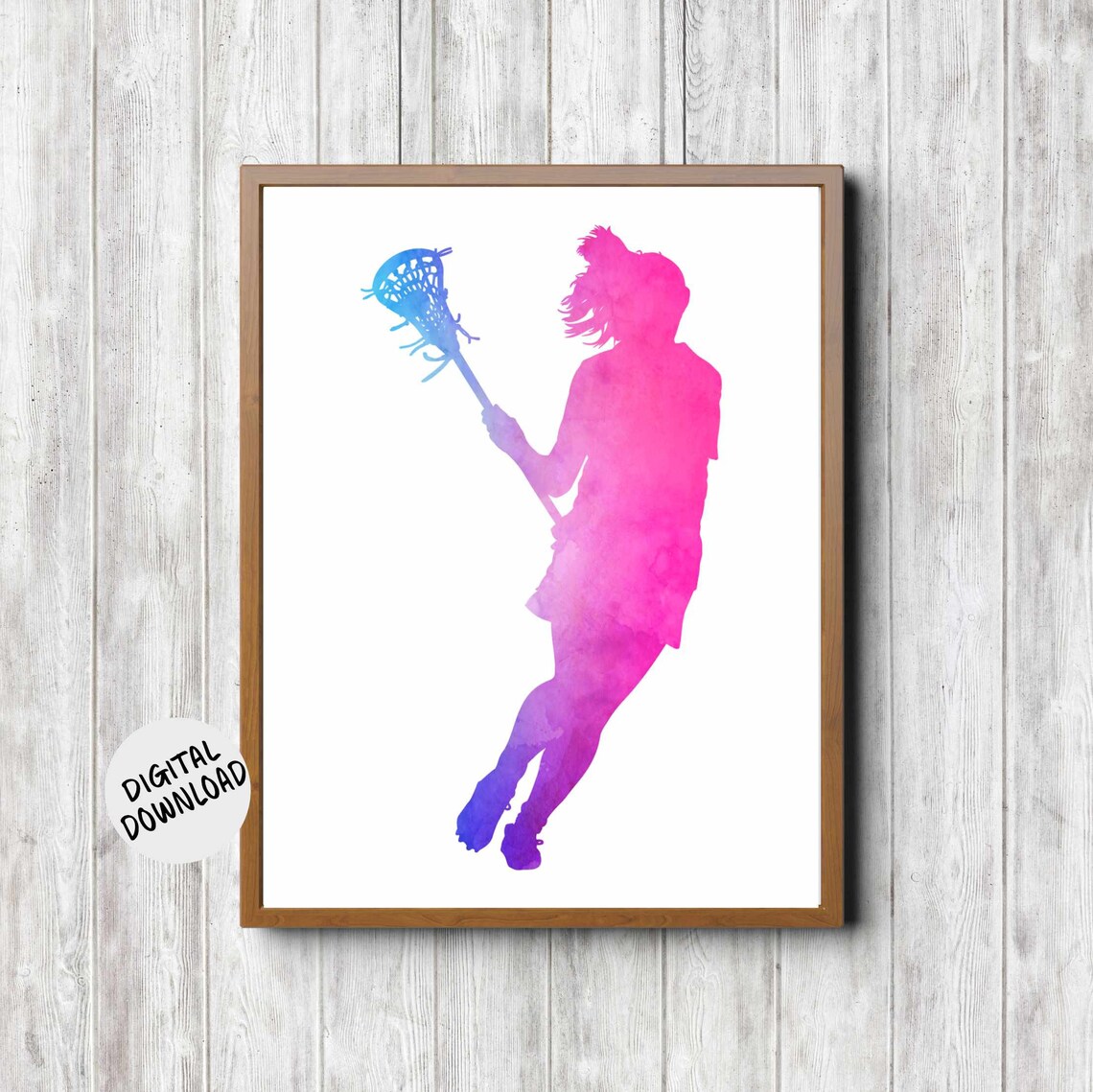 Girls Lacrosse Player Watercolor Silhouette Pink Blue Sport Poster