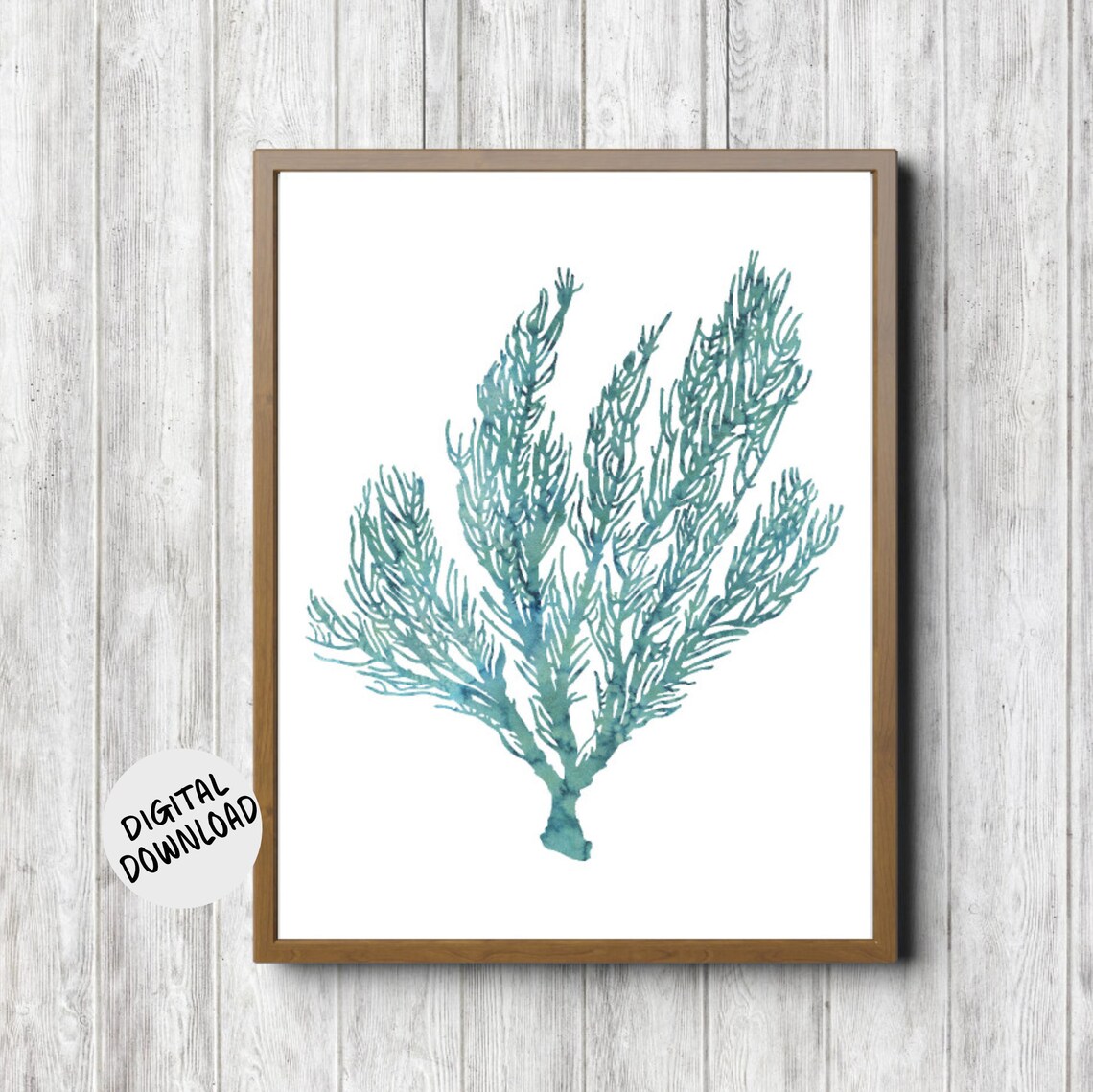 Teal Watercolor Seaweed Coral Fronds Nautical Botanical Print
