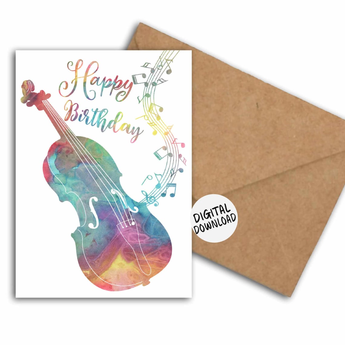 Watercolor Violin Happy Birthday Card with Music Notes Poster