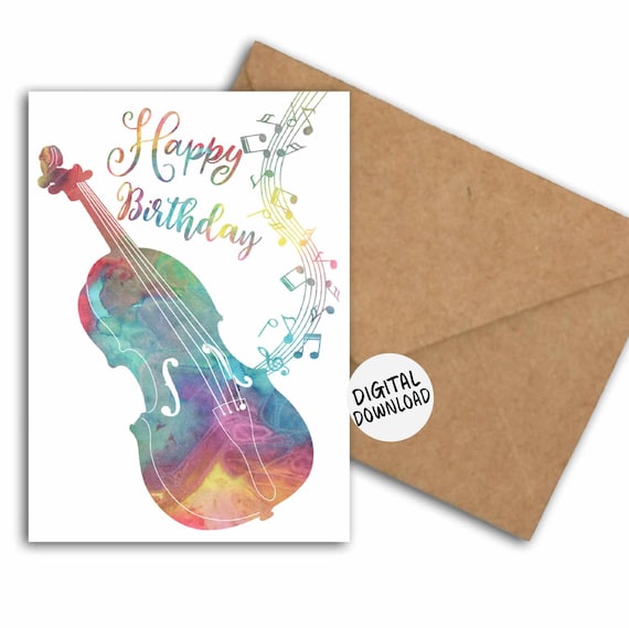 Watercolor Violin Happy Birthday Card with Music Notes Poster