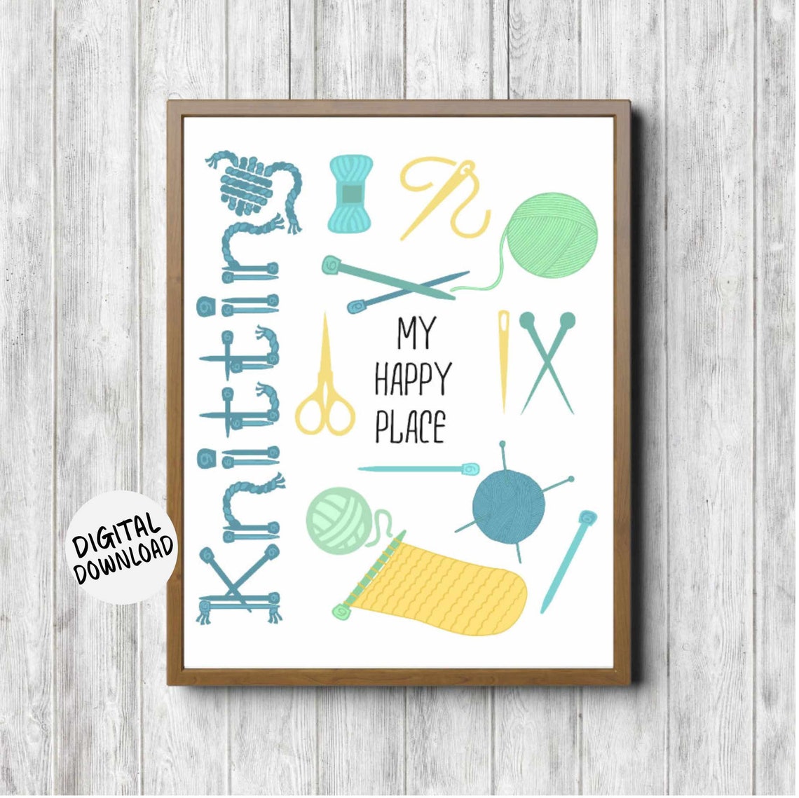 Knitting My Happy Place Yarn Needles Cozy Watercolor Art Poster