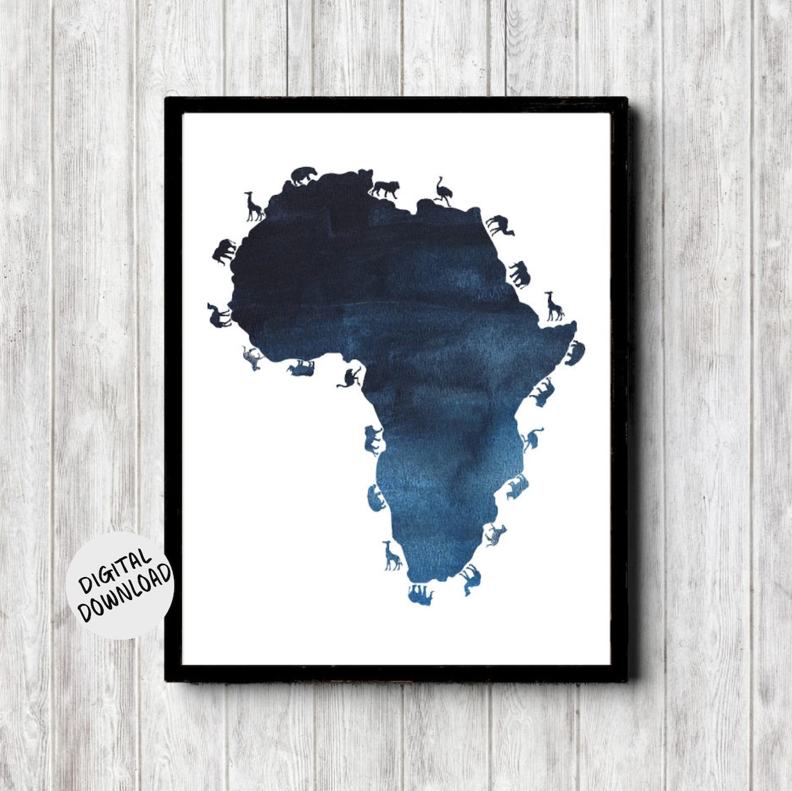 Africa Map Navy Watercolor with Safari Animals Silhouette Art Print