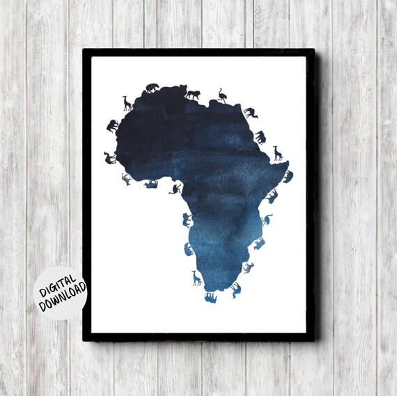 African Continent Wall Art Watercolor Africa Silhouette Poster Dark Blue Wall Decor Travel Print 11 X 14 5 X 7
