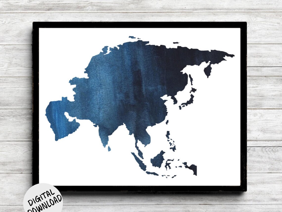 Deep Blue Watercolor Asia Continent Map Silhouette Travel Poster