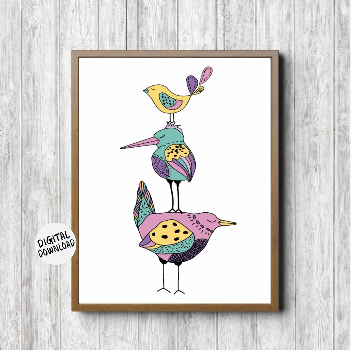 Whimsical Stacked Trio Birds Colorful Nursery Doodle Art Poster