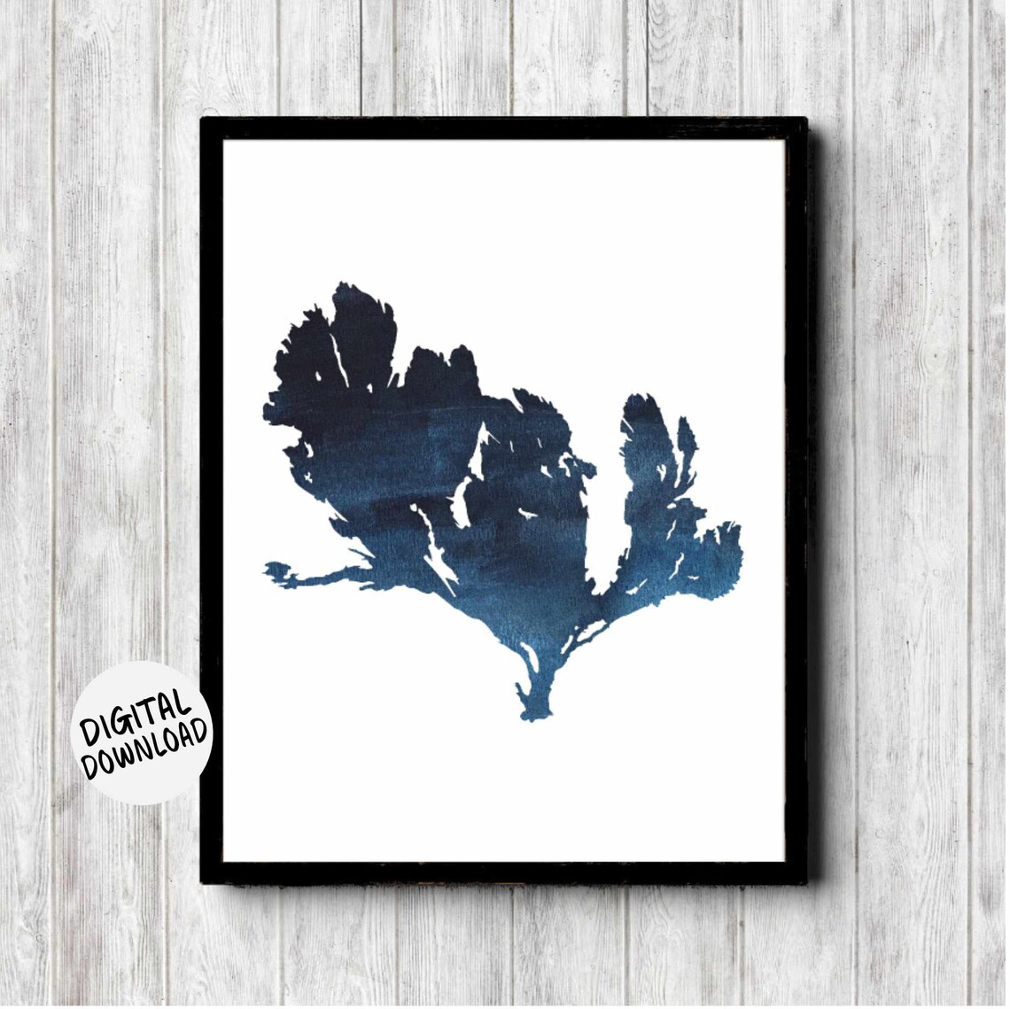 Navy Blue Seaweed Watercolor Silhouette Coastal Ocean Decor Poster