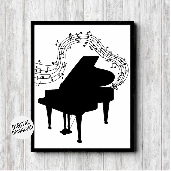 Grand Piano Silhouette With Flowing Music Notes Wall Decor Poster