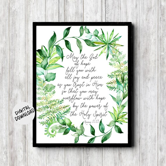 Romans 15 13 God Of Hope Scripture Green Leaf Watercolor Print