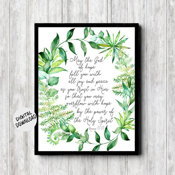Romans 15 V 13 Scripture Wall Art Boho Green Watercolor Leaf Wreath Christian Decor