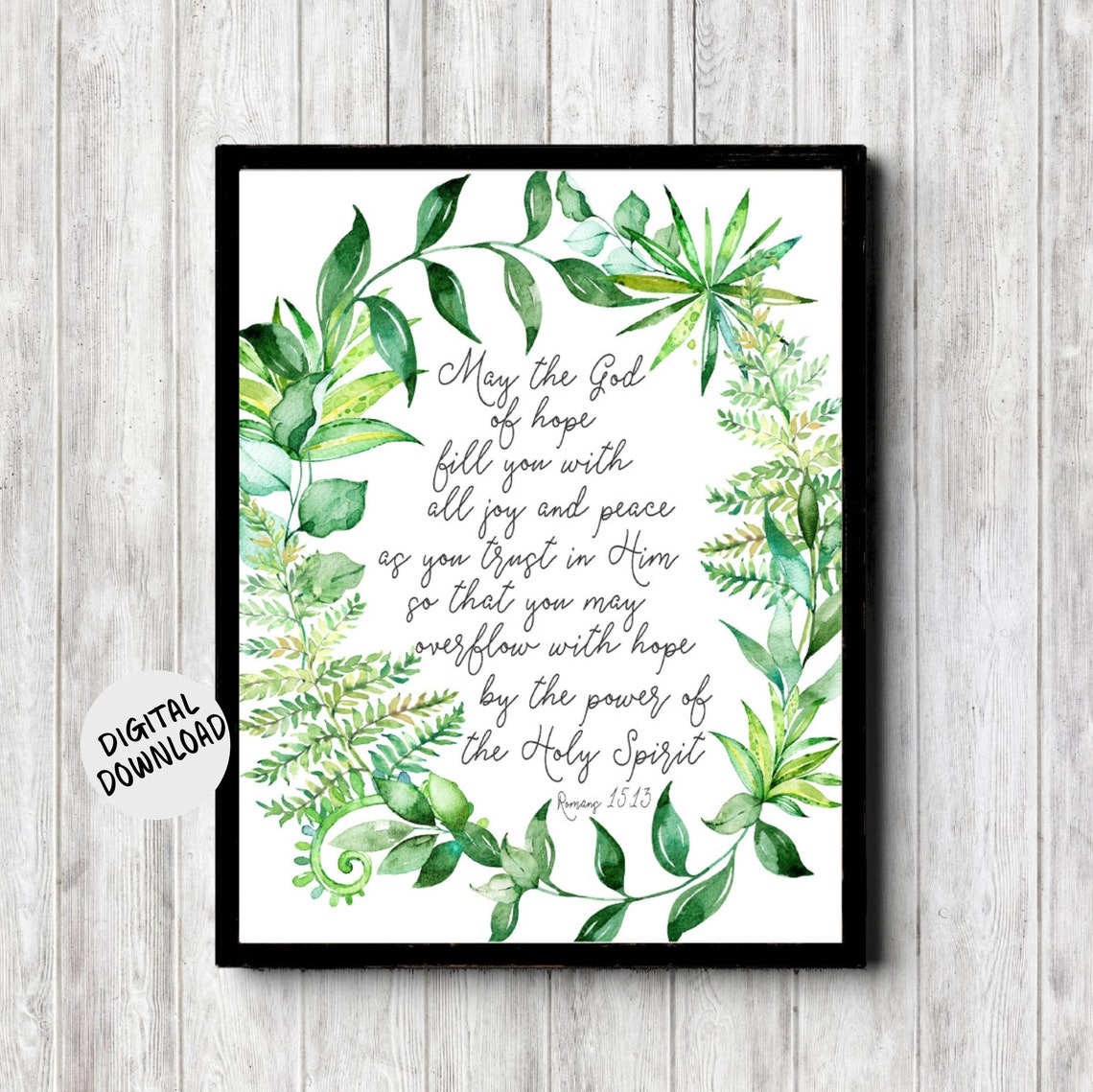 Romans 15 V 13 Scripture Wall Art Boho Green Watercolor Leaf Wreath Christian Decor