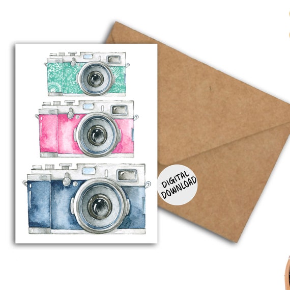 Photography Greeting Card With Watercolor Cameras Photographer Gift Birthday Thank You 5 X 7 Card
