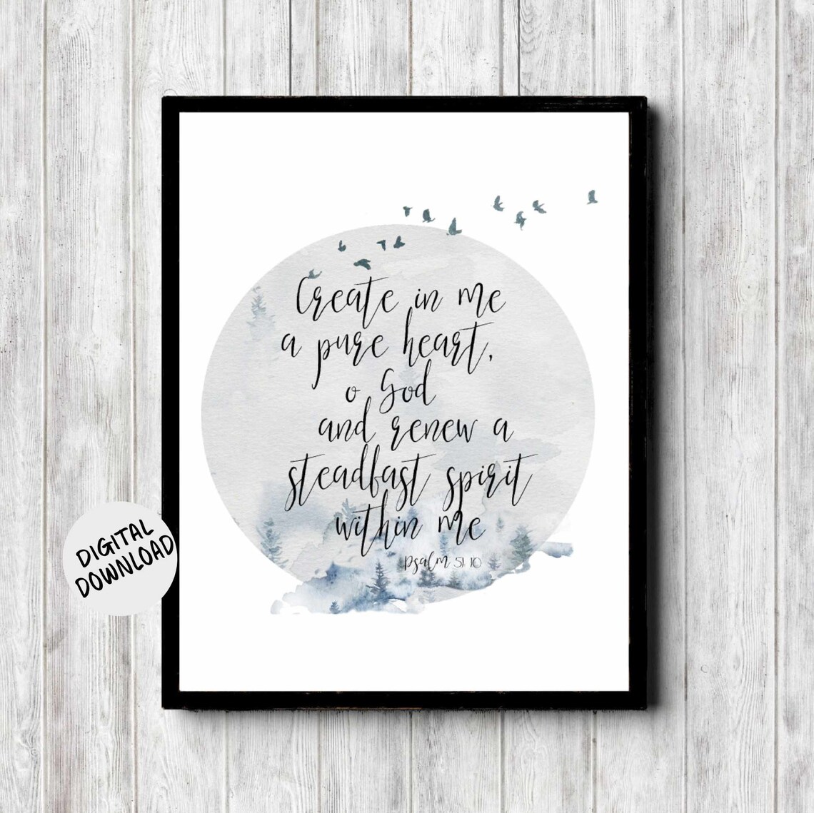 Psalm 51:10 Watercolor Foggy Forest Art Print