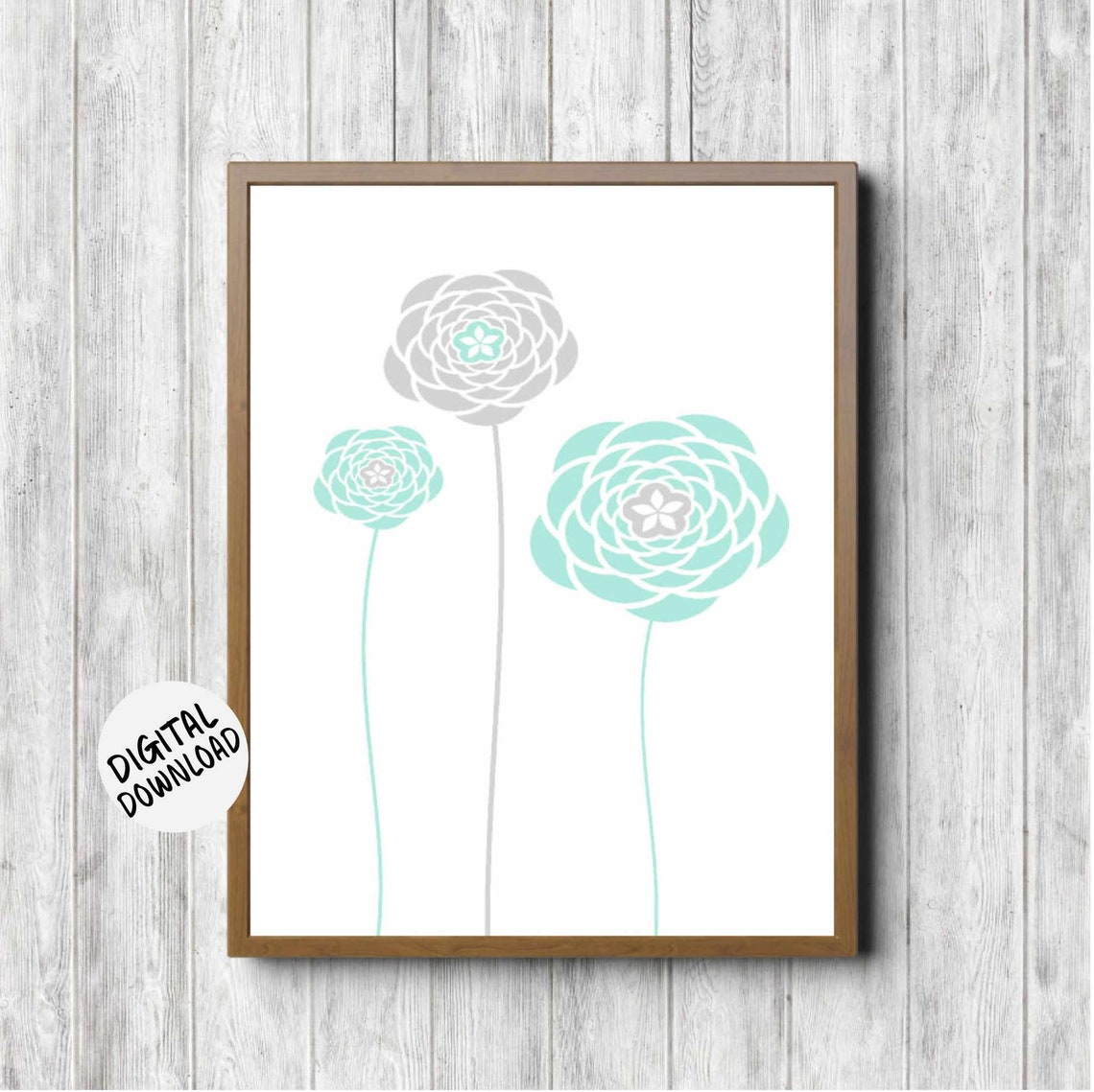 Mint Green Gray Spiral Flowers Minimalist Nursery Wall Poster