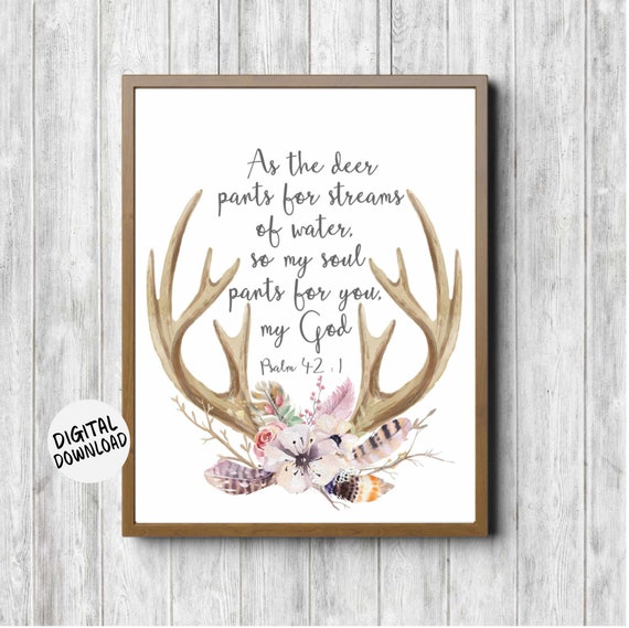 Psalm 42 1 Watercolor Deer Antlers Scripture Wall Art Boho Flower Feathers As The Deer Bible Verse Nursery Girls Room Decor