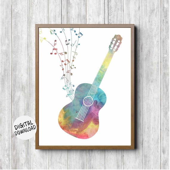 Watercolor Acoustic Guitar Silhouette, Music Notes Art Print