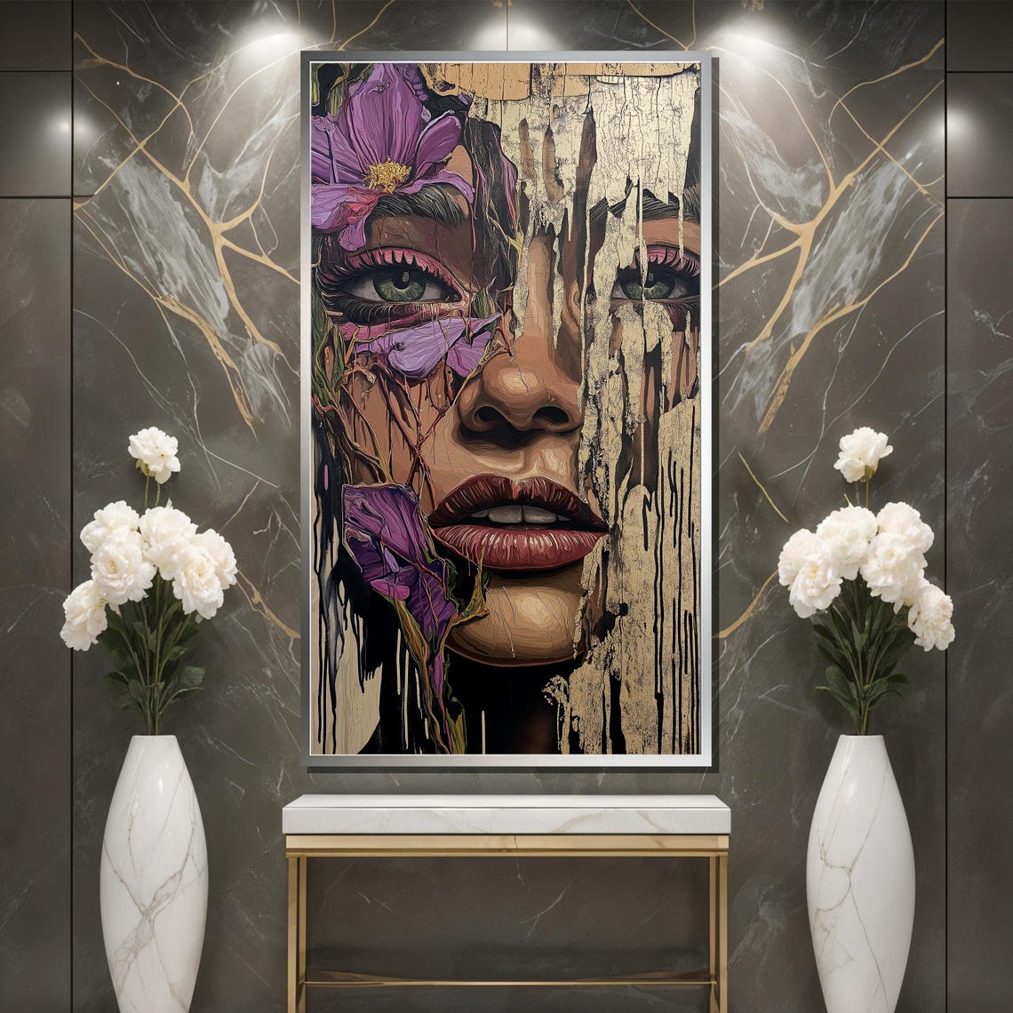 Surreal Floral Portrait Peeling Paint Texture Feminine Poster - Image 3