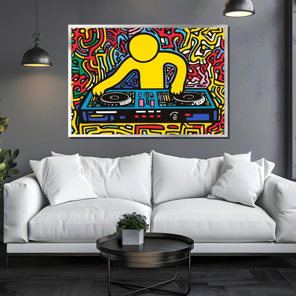 Keith Haring-Inspired Yellow DJ at Turntables Pop Art Music Poster - Image 3
