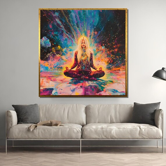 Blonde Woman Meditating In Vibrant Cosmic Energy Burst Poster