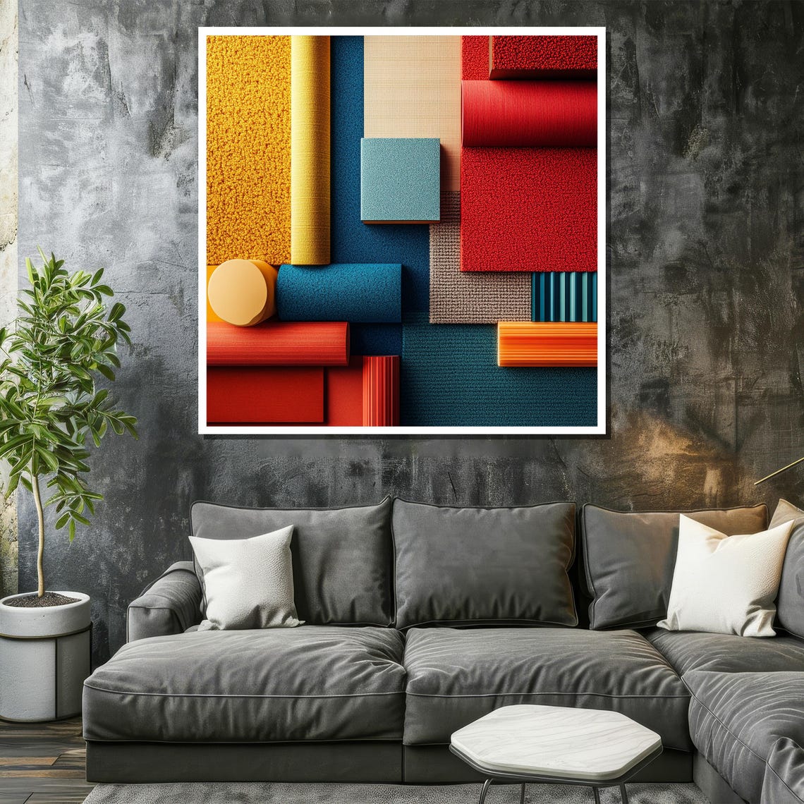 Bold Textured Geometric Blocks Red Blue Orange Abstract Poster - Image 2