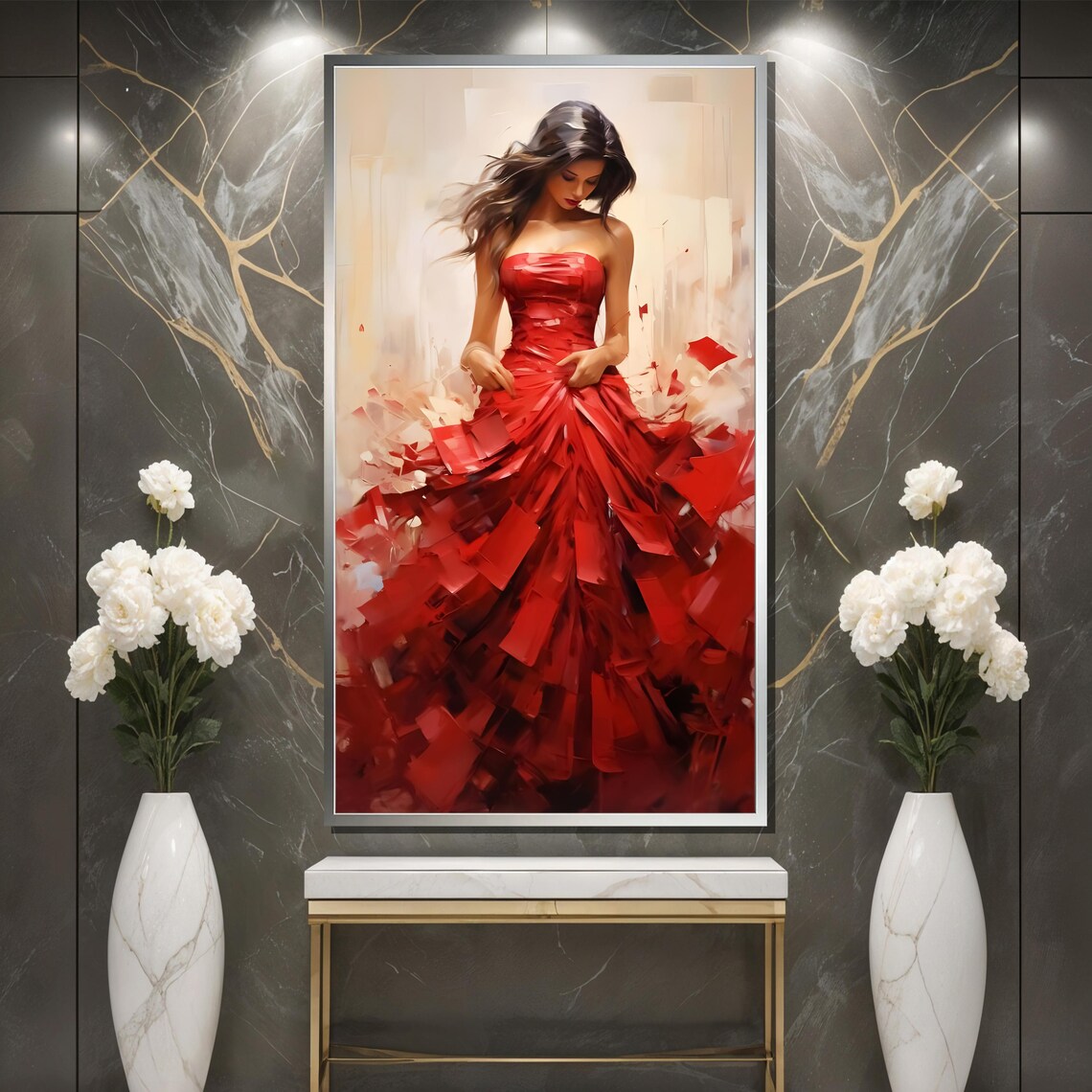 Elegant Lady in Flowing Red Dress Fashion Style Portrait Poster - Image 3