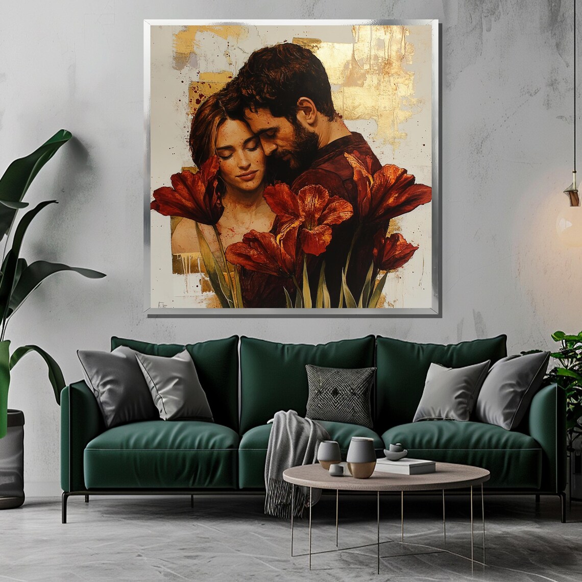 Romantic Couple Embrace with Red Amaryllis Flowers Gold Accents Poster - Image 3