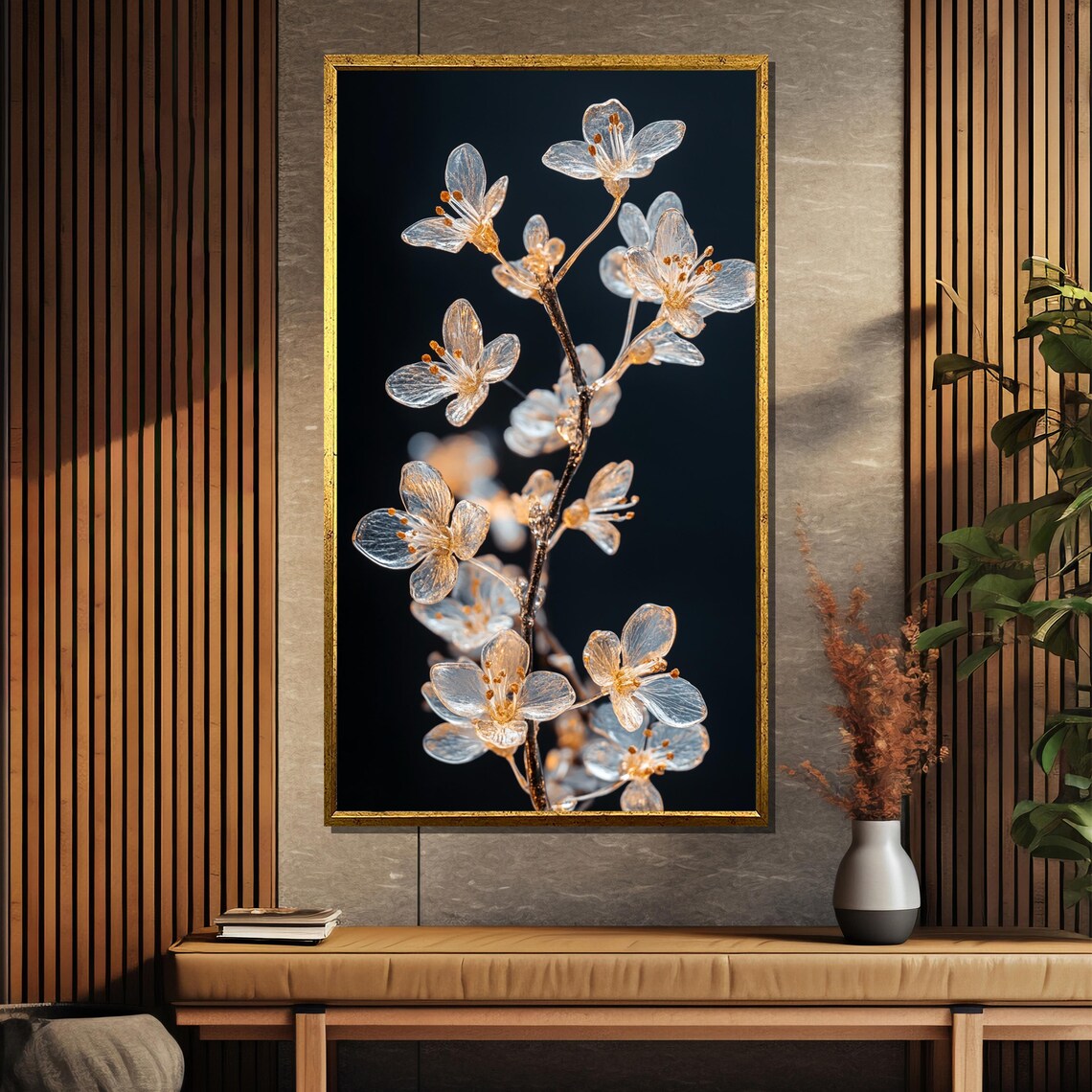 Frosted Glass Blossom Branch Glowing on Black Background Poster - Image 5