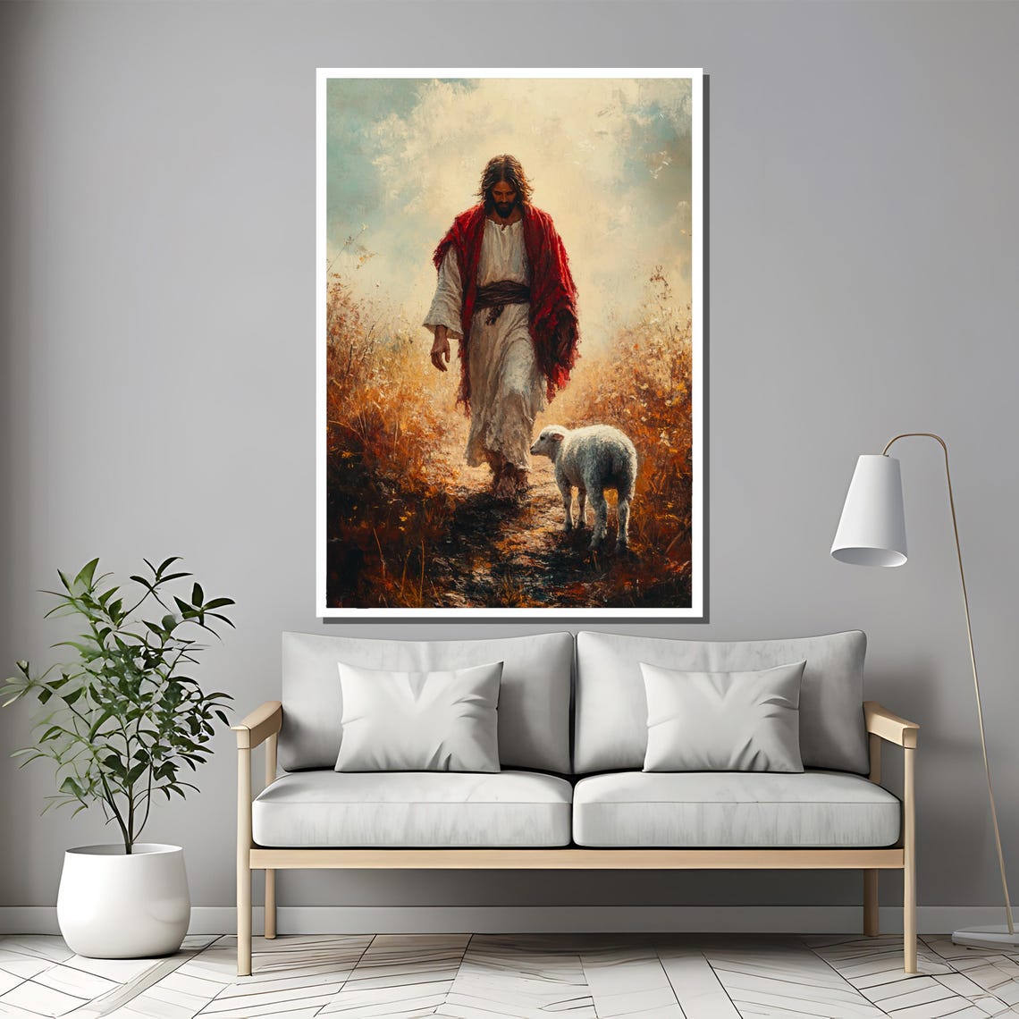 Jesus and His Lamb Walking Through Golden Autumn Field Poster - Image 2