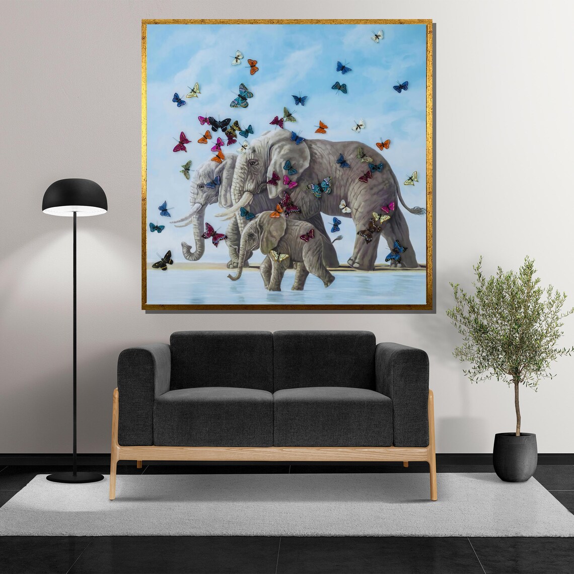 Elephant Family with Colorful Butterflies at Waters Edge Poster - Image 5