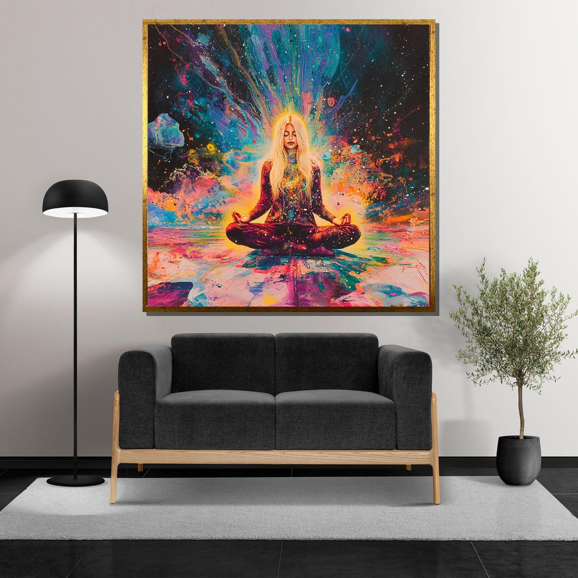 Blonde Woman Meditating In Vibrant Cosmic Energy Burst Poster - Image 5