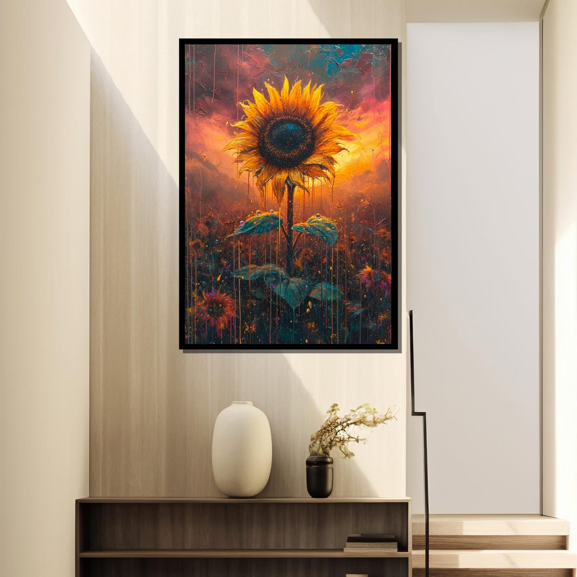 Tall Sunflower In Psychedelic Sunset Field Surreal Floral Wall Art - Image 4
