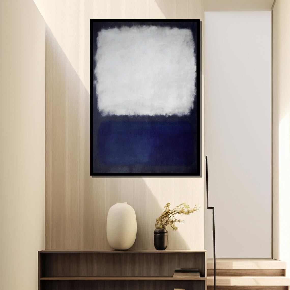 Soft Cloud White Over Deep Midnight Blue Abstract Color Field Poster - Image 4
