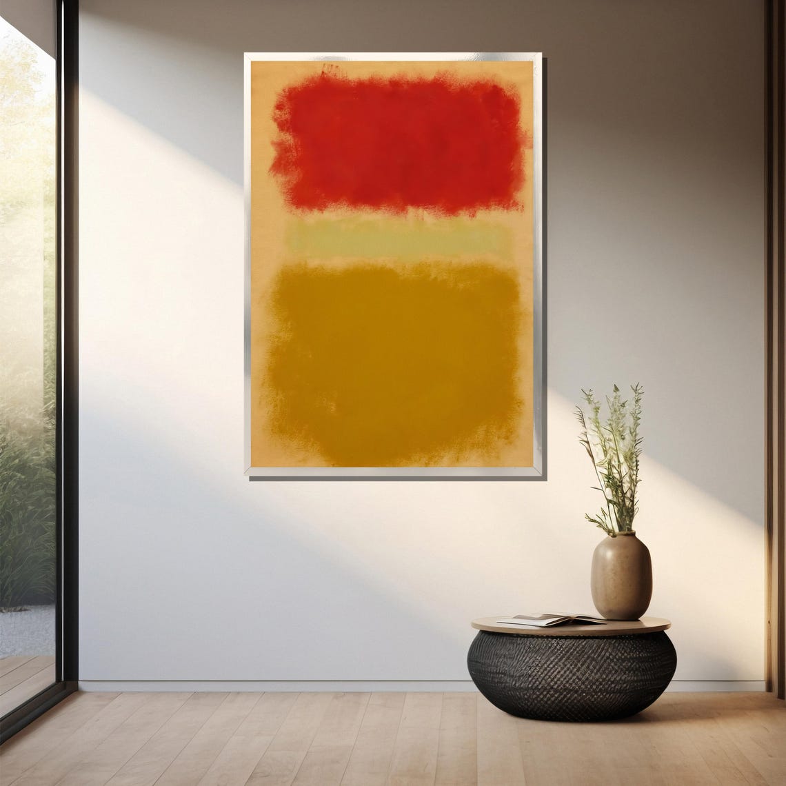 Vivid Red Floating Over Earthy Gold Abstract Color Field Poster - Image 3