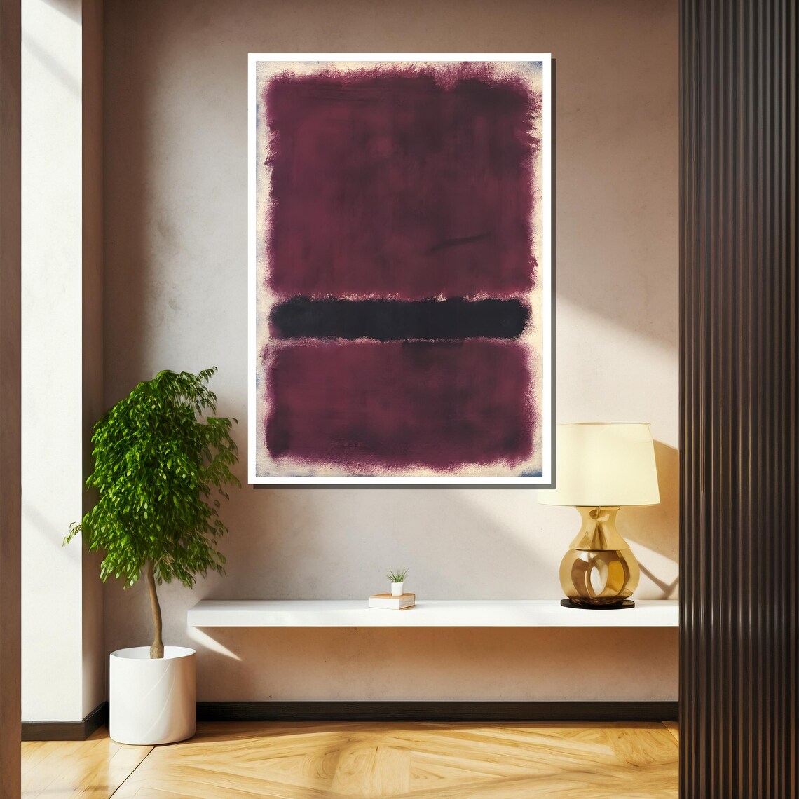 Rich Burgundy Split By Black Band Abstract Color Field Poster - Image 2