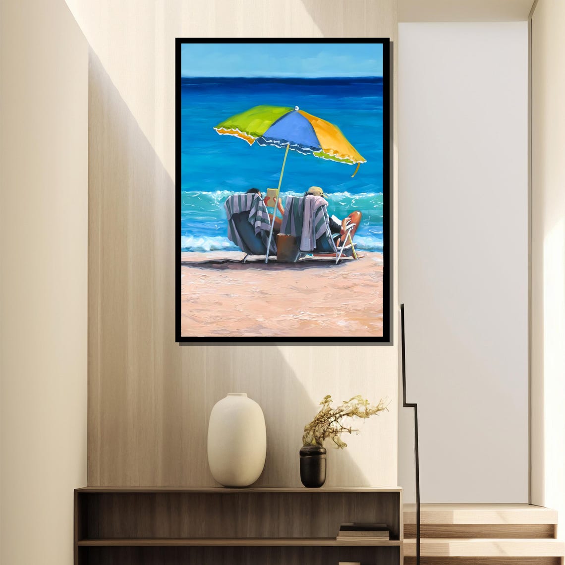 Couple Relaxing Under A Colorful Umbrella Seaside Scene Poster - Image 4