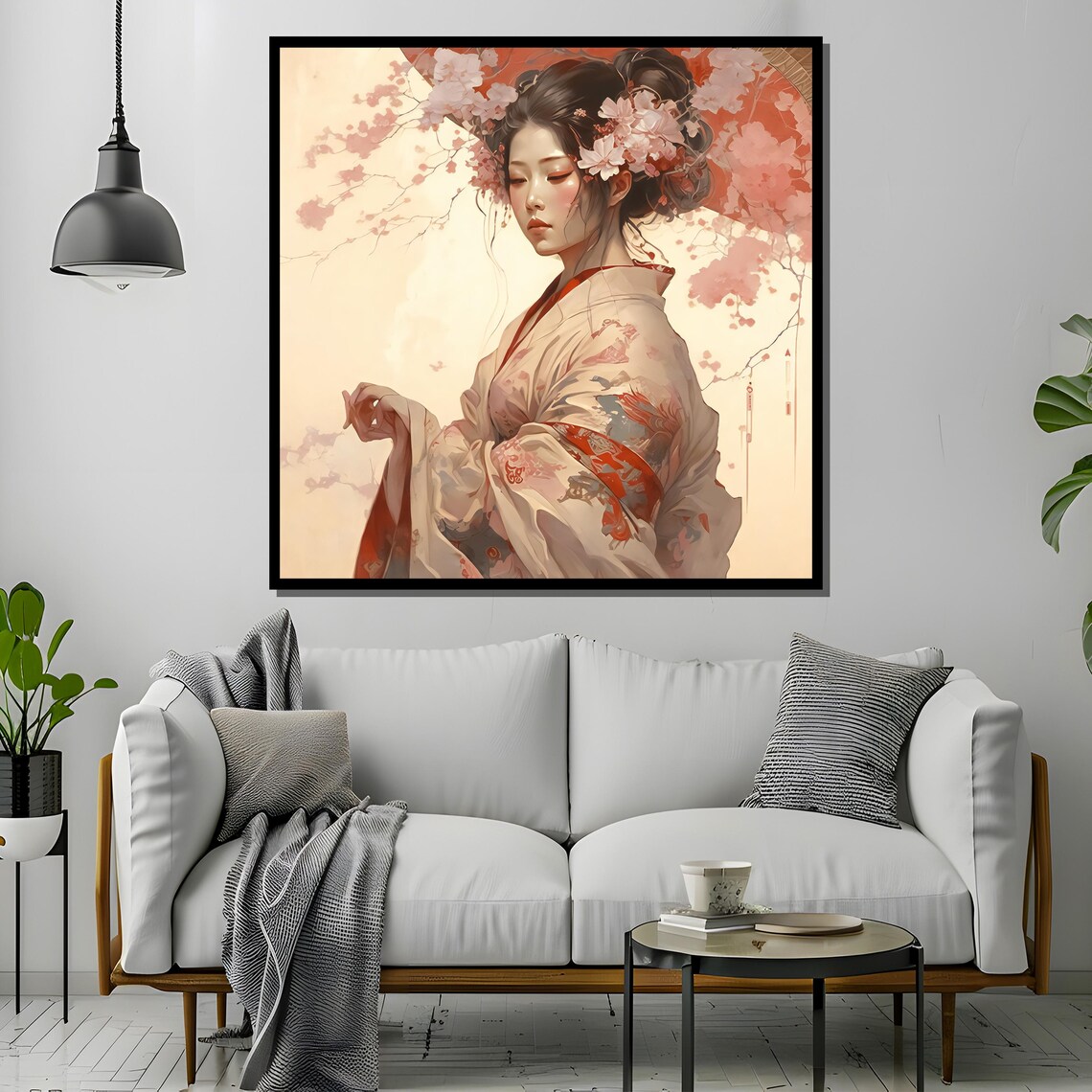 Serene Geisha in Cherry Blossom Kimono Soft Floral Art Poster - Image 4